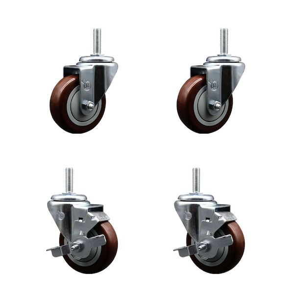 Service Caster 35 Inch Maroon Polyurethane Wheel Swivel 34 Inch Threaded Stem Caster Set 2 Brakes SCC SCC-TS20S3514-PPUB-MRN-34212-2-TLB-2 - main